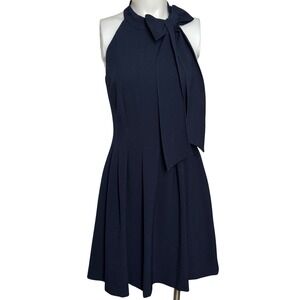 Vince Camuto Navy Halter Tie Neck Fit Flare Dress Size 6 Pleated Midi